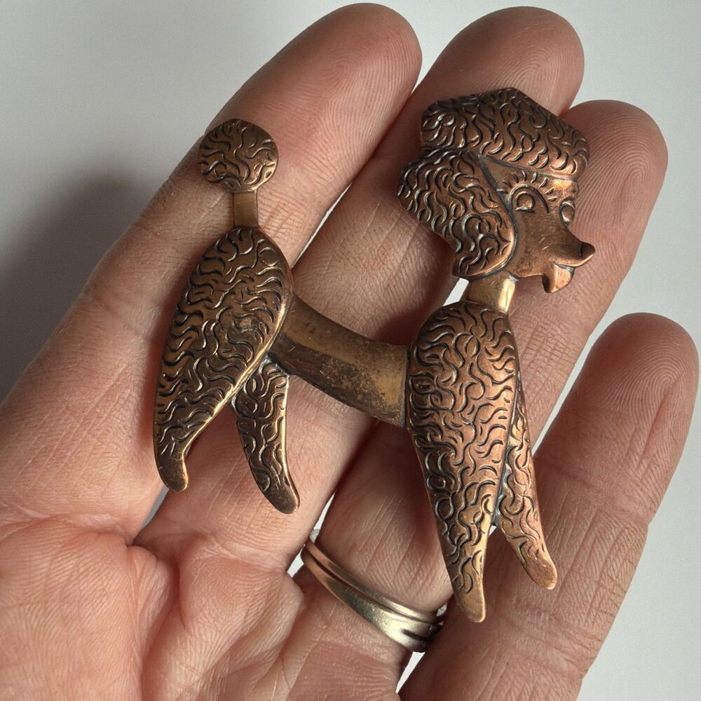 2 Vintage Estate Poodle Dog Brooch Pins Copper And Silver Tone Rhinestone Eyes - Picture 5 of 8